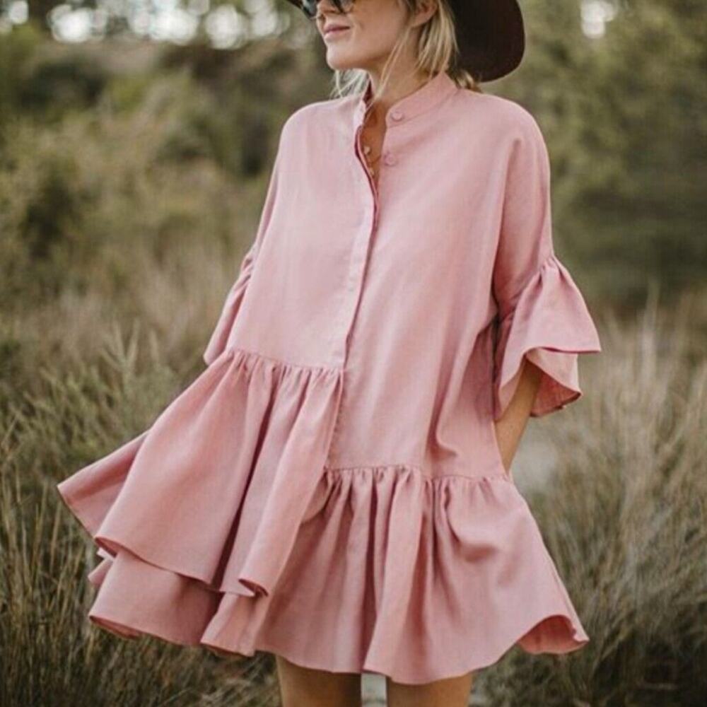 Morton Mac Tilda Oversized Mauve Pink Linen Asymmetrical Swing Dress Tall